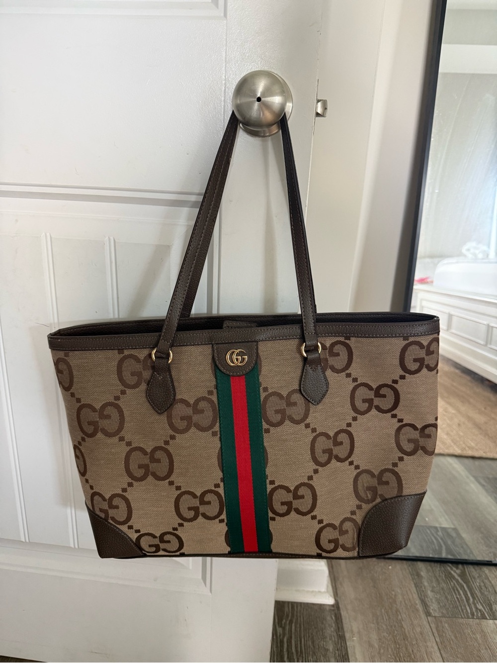 Gucci Beige/Brown GG Canvas Tote with Green-Red Web Stripe